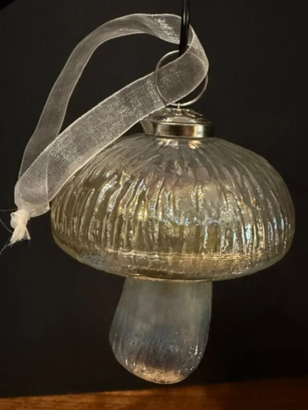 Glass Ribbed Iridescent 4" Mushroom Ornament - Picture 3 of 6